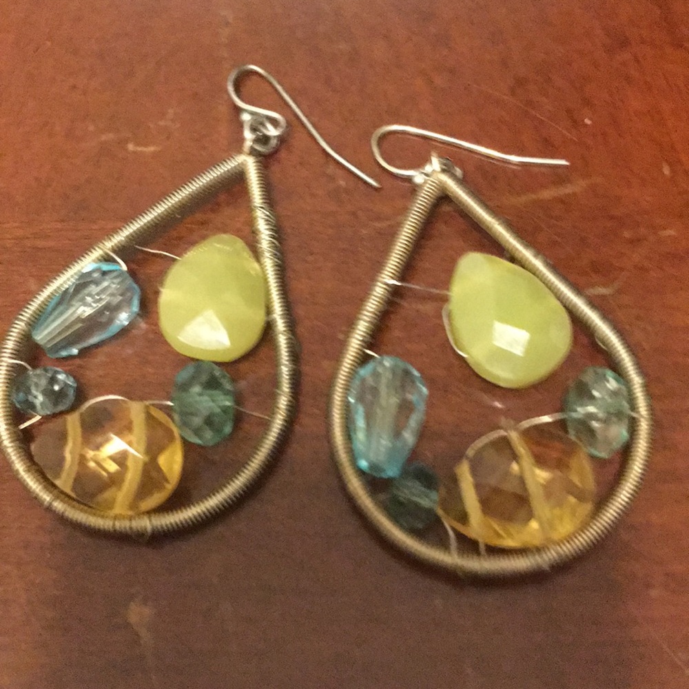 Fun golden earrings with blue green yellow beads
